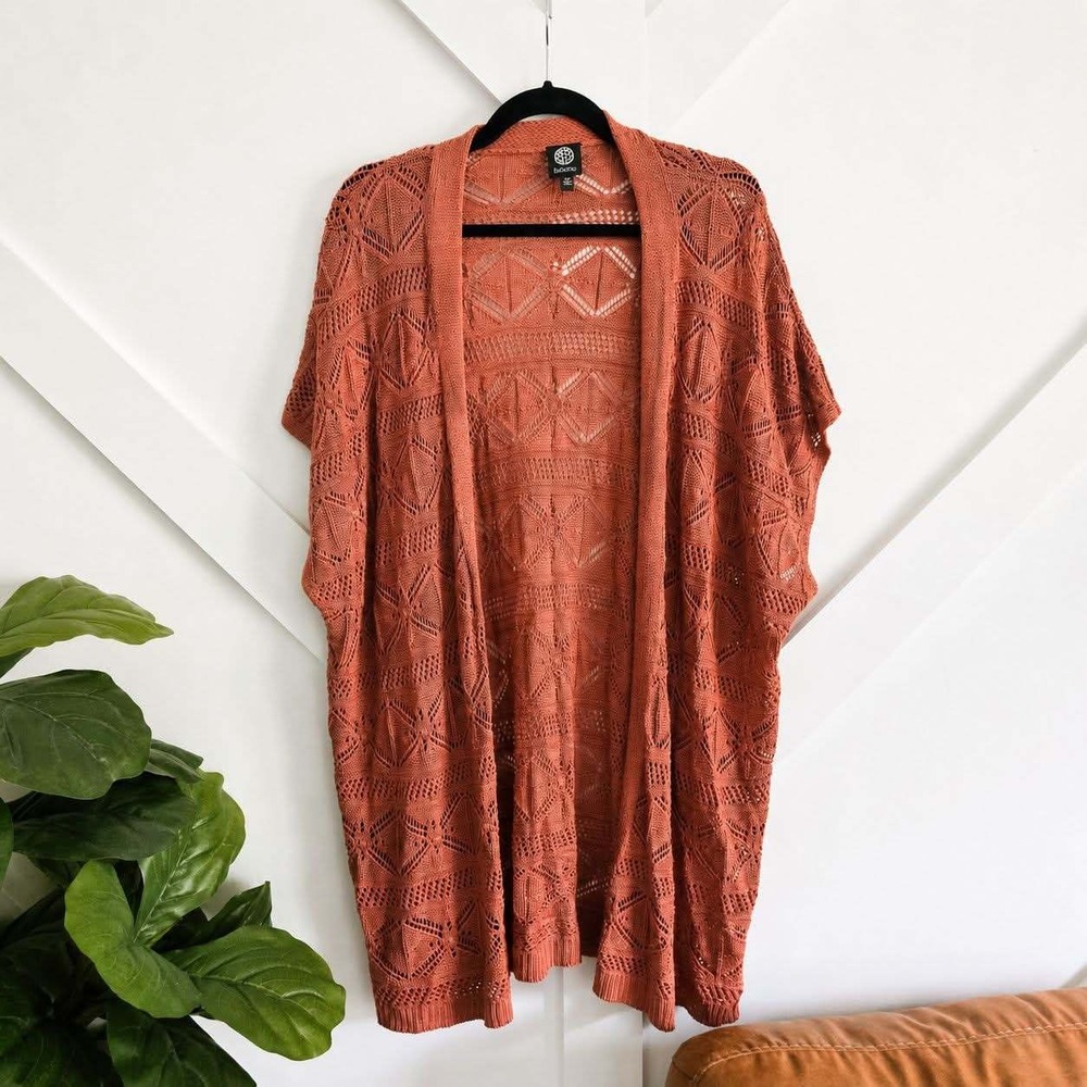 Bobeau Cardigan Women 2X Rust Orange Pointelle Crochet Open Front Knit Sweater